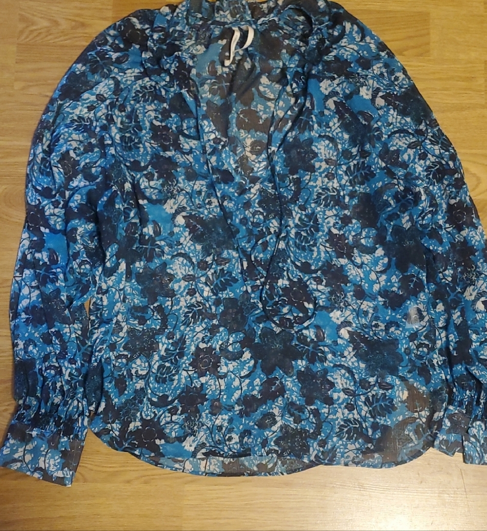 Anthropologie Blue Floral Sheer V-Neck Blouse